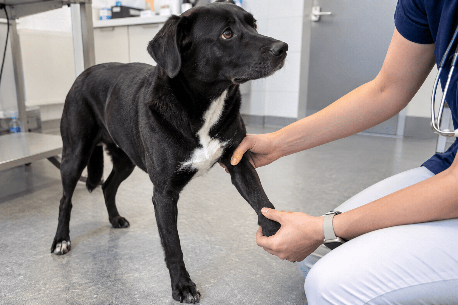 Veterinár pokojne vyšetruje čierneho psa v ordinácii